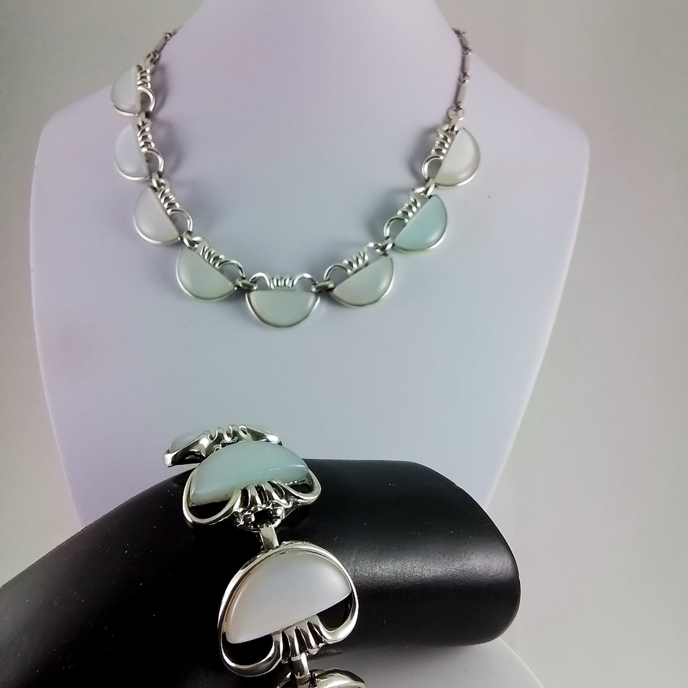 Vintage Coro Silvertone Moon Glow Necklace and Bracelet Signed Set